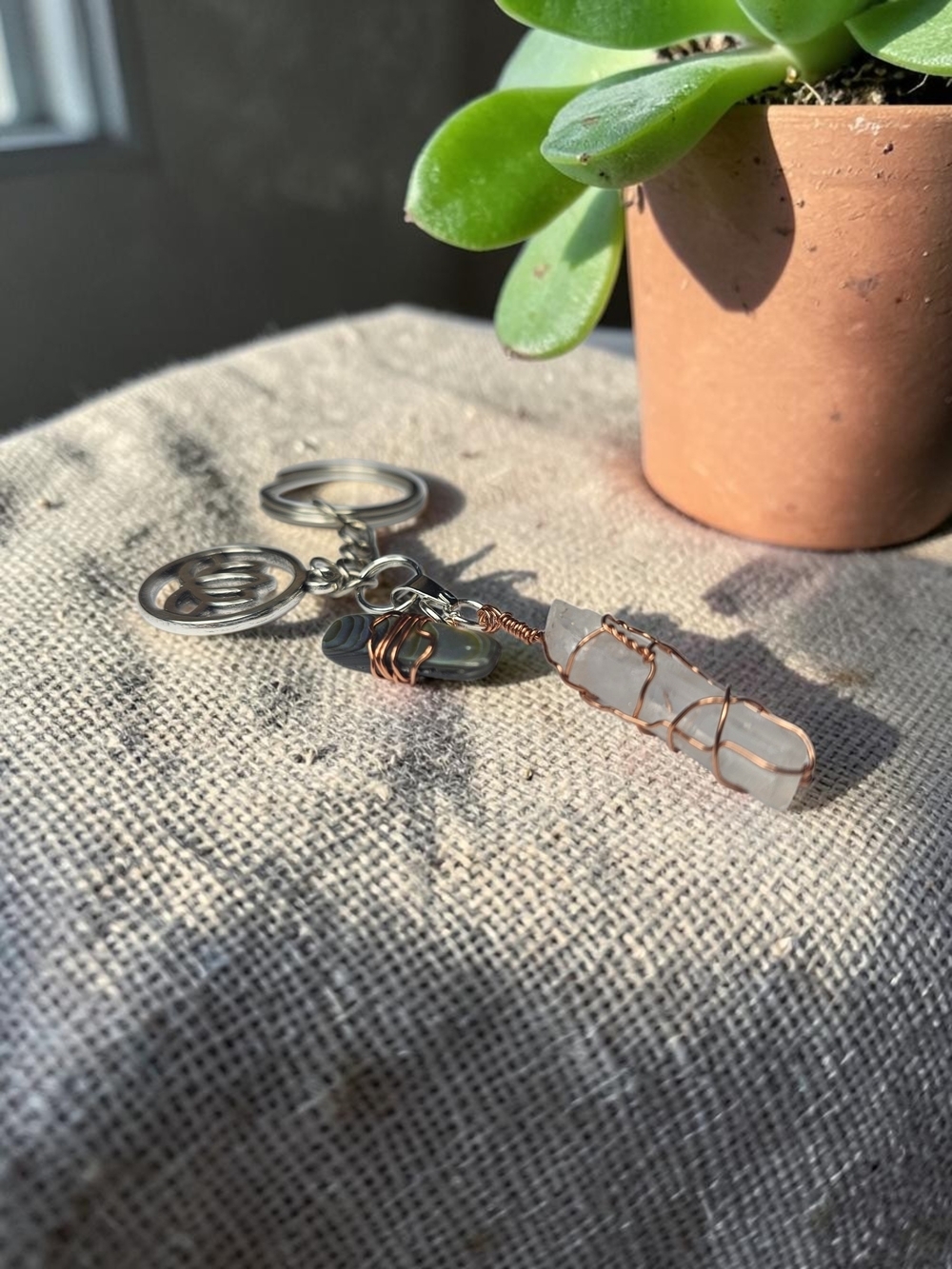 Wire-Wrapped Quartz Crystal Keychain with Metal Accents